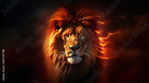 Lion with flaming fire on a dark background