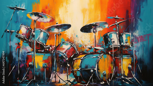 Abstract painting of a drum set on a vibrant background