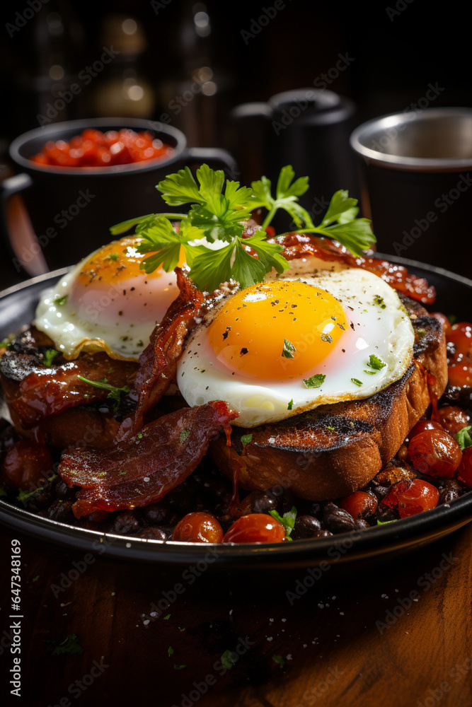 Big plate with french toast with bacon and eggs. AI Generative Big plate with french toast with bacon and eggs. AI Generative
