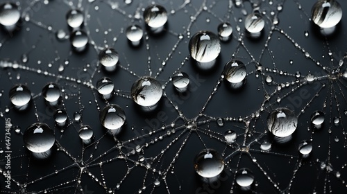  a bunch of water drops on a black surface with a pattern. generative ai