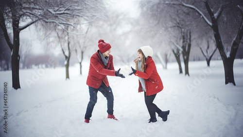 A loving couple in red jackets plays snowballs in the park.