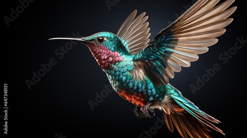  a colorful bird with a long beak flying in the air.  generative ai © Jevjenijs