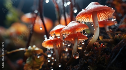  a group of orange mushrooms sitting on top of a forest floor. generative ai