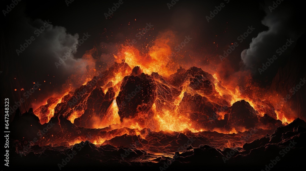  a large group of rocks covered in fire and smoke with a black background.  generative ai