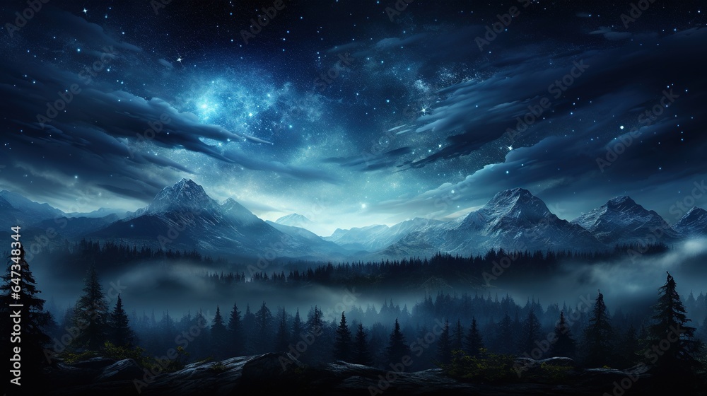  a night scene with mountains and trees and a sky filled with stars.  generative ai
