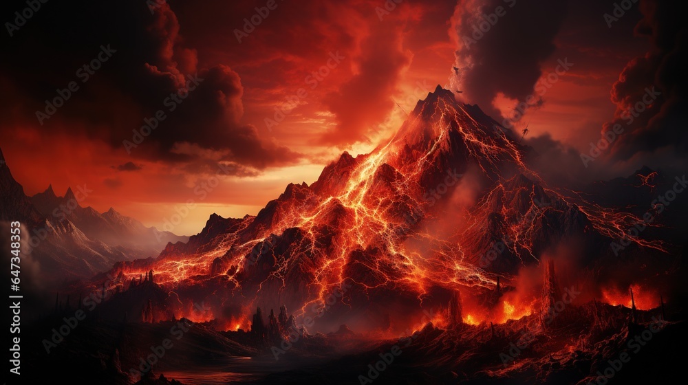  a mountain covered in lava with a red sky in the background.  generative ai