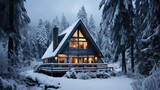  a cabin in the middle of a forest with snow on the ground. generative ai