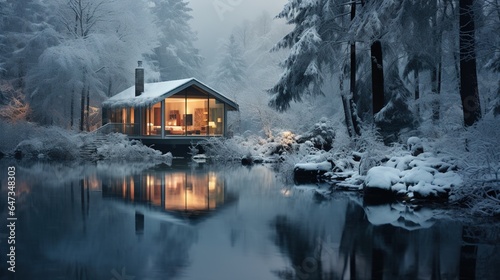  a cabin in the middle of a snowy forest with a lake. generative ai