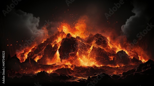  a large group of rocks covered in fire and smoke with a black background. generative ai