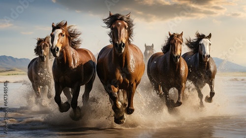  a group of horses running through a body of water with mountains in the background.  generative ai © Jevjenijs