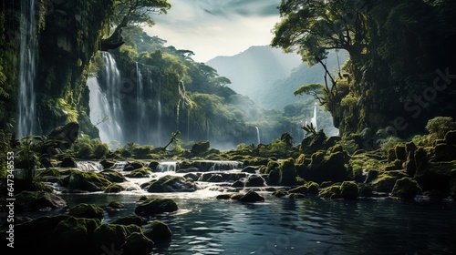  a stream running through a lush green forest filled with waterfall. generative ai