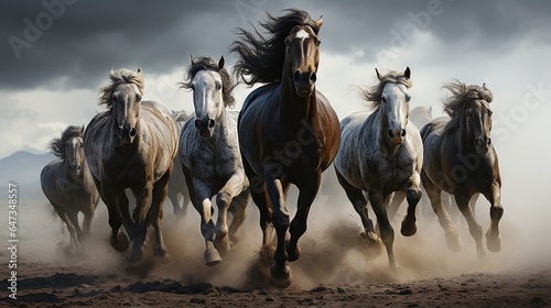  a herd of horses running across a dirt field under a cloudy sky.  generative ai © Jevjenijs