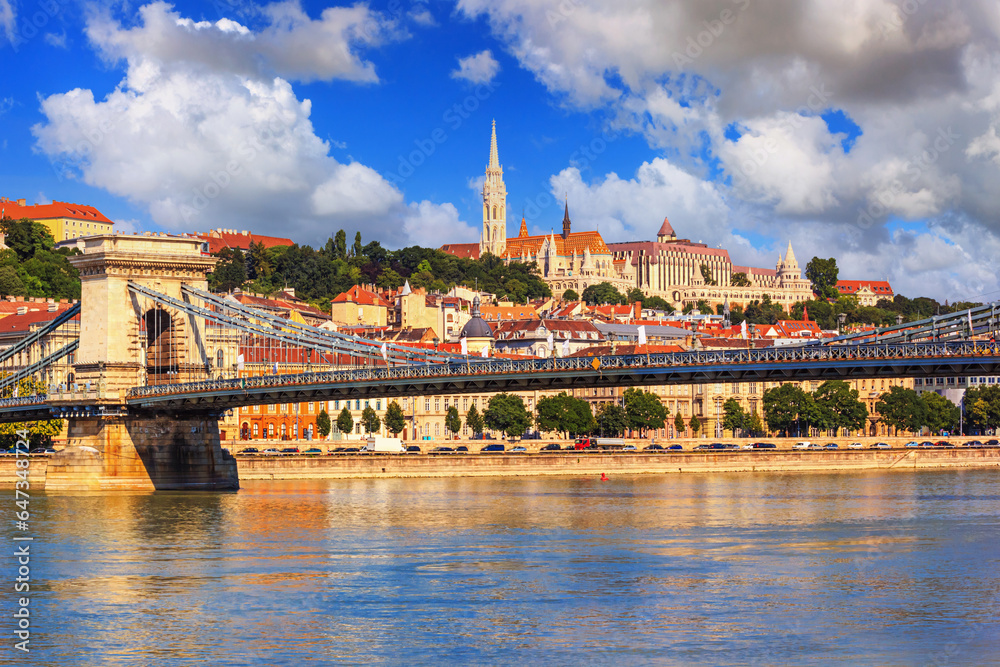 City summer landscape - view of the Buda Castle, palace complex on Castle Hill over the Danube river through the Szechenyi Chain Bridge in Budapest, Hungary