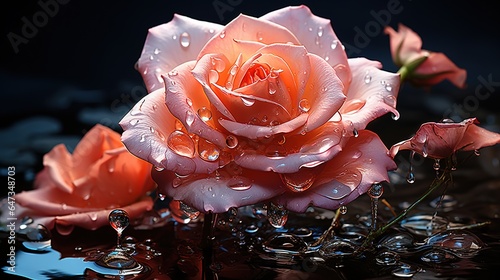  a pink rose with drops of water on the surface of the water. generative ai