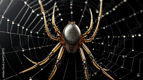  a close up of a spider on a web of water droplets. generative ai