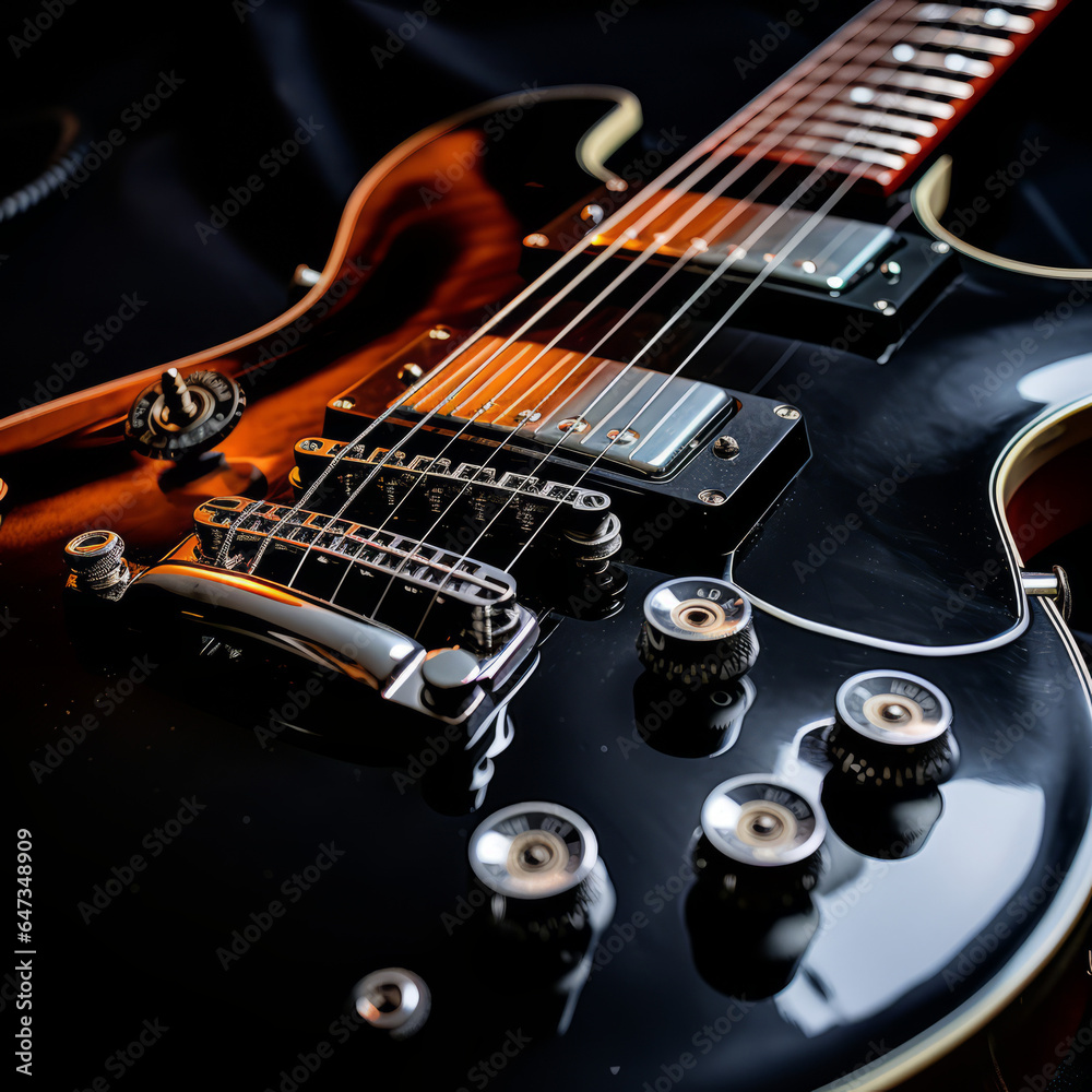 Close up of a guitar with black background Close up of a guitar with black background