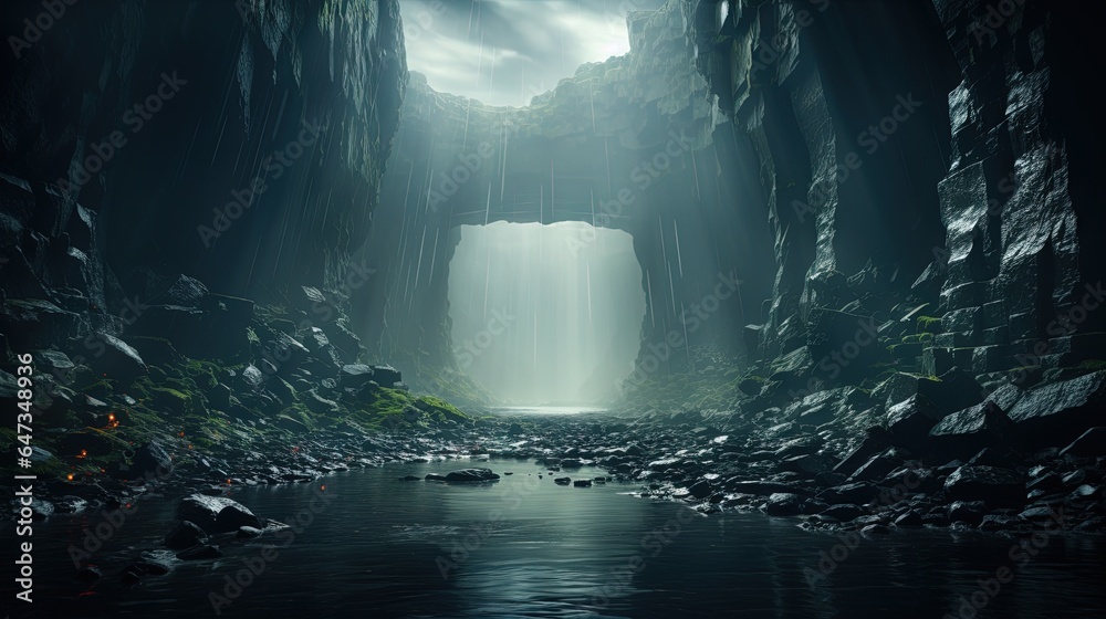  a cave with a waterfall in the middle of the cave.  generative ai