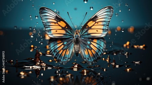  a blue and yellow butterfly sitting on top of a puddle of water. generative ai