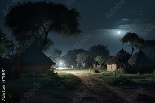A dark  moonlit atmosphere in a rural African community. Generative AI