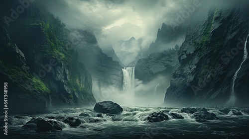  a waterfall with a waterfall in the middle surrounded by mountains. generative ai
