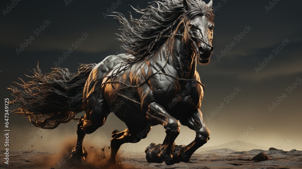  a black horse running across a desert covered with rocks and dirt.  generative ai