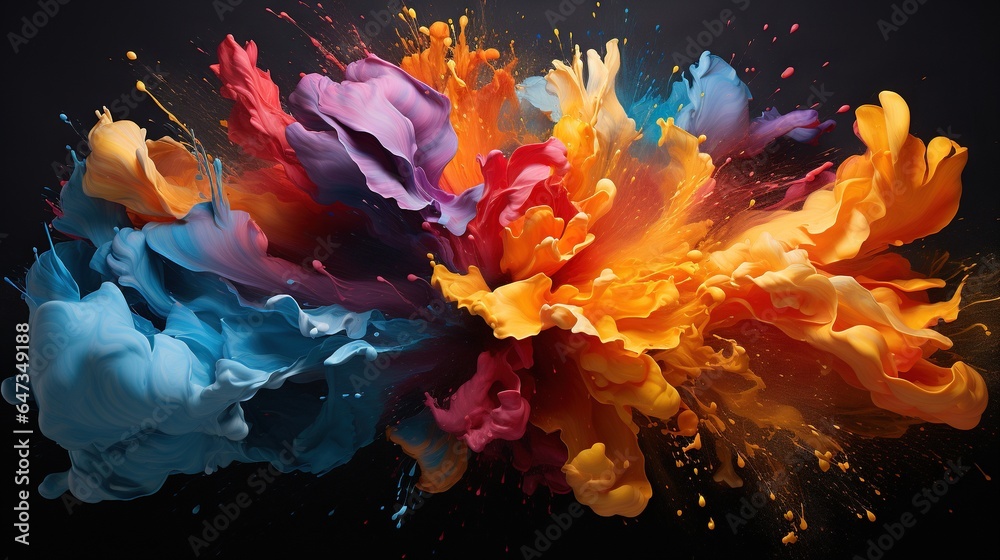  a multicolored flower is flying through the air with a black background.  generative ai