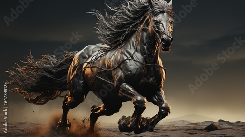  a black horse running across a desert covered with rocks and dirt. generative ai