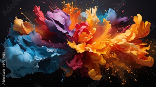  a multicolored flower is flying through the air with a black background.  generative ai