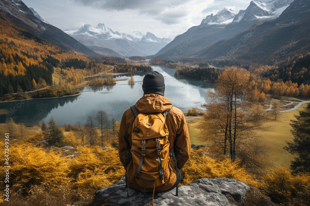 Hiker with backpack sitting on a rock looking at a beautiful mountain landscape with lake
