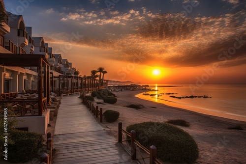 Beautiful sunrise landscape at a beach resort in Egypt with stunning views of Three Corners. Generative AI © Celestina
