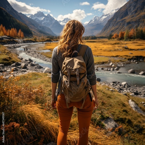 Young woman hiking in a beautiful alpine valley crossed by a river