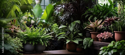Interior home garden full of beautiful lush plants  tropical indoor plants  orchid  green grass  air plant in different design pots  with empty copy space.