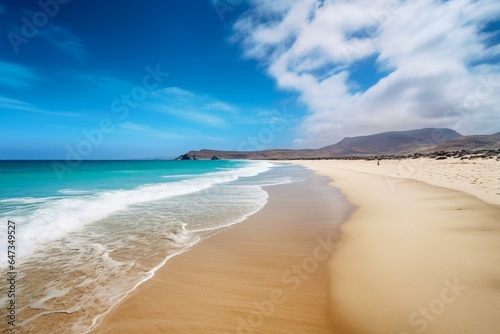 Beautiful beach with never-ending horizon, volcanic hills, and the Atlantic Ocean in Fuerteventura, Canary Islands, Spain. Generative AI