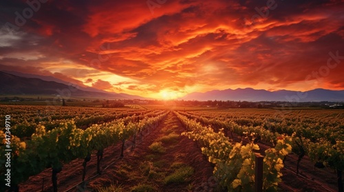 sunset over vinery in Chile for agriculture or vinevard background