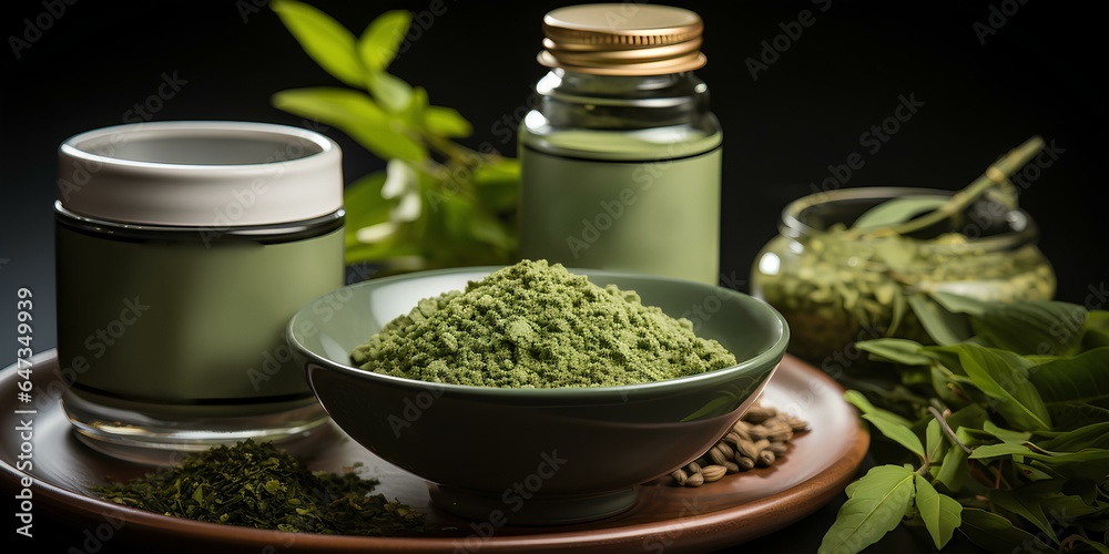 Organic matcha green tea powder in retro ceramic bowls with green tea leaves. Generative AI. Organic matcha green tea powder in retro ceramic bowls with green tea leaves. Generative AI.