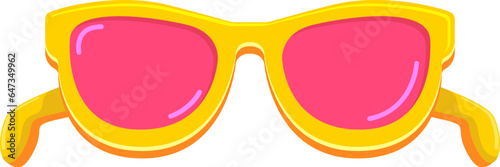 Yellow sunglasses with pink lens isolated on white background. Cartoon funny kids summer sunglasses icon, label and sign. Sunglasses vector graphic illustration