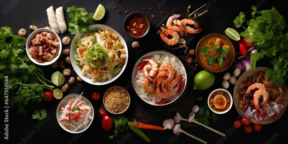 Traditional Thai food on dark background. Oriental food concept. Top view, flat lay, panorama ,generative ai