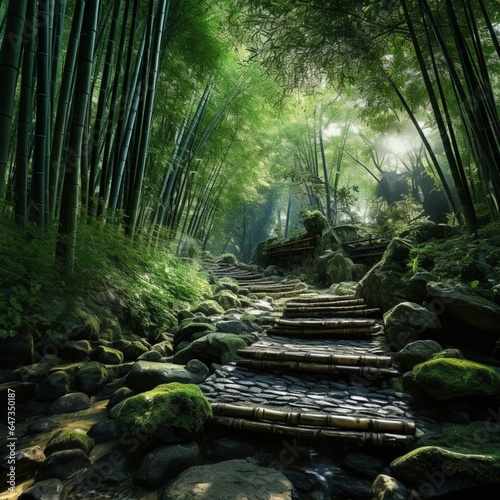 tranquil bamboo forest with a stone path winding through it