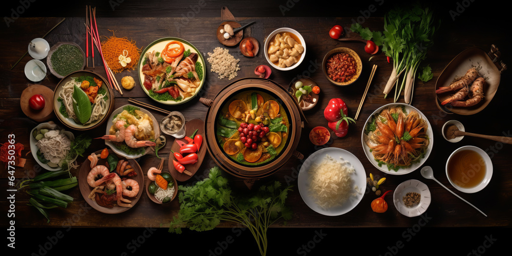 Traditional Thai food on dark background. Oriental food concept. Top view, flat lay, panorama ,generative ai