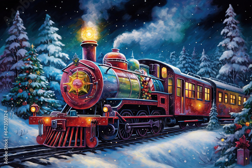 decorated Christmas tree and steam train, beautiful colorful art in a snowy magical winter setting