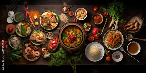 Traditional Thai food on dark background. Oriental food concept. Top view  flat lay  panorama  generative ai