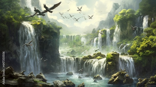Waterfall flying birds