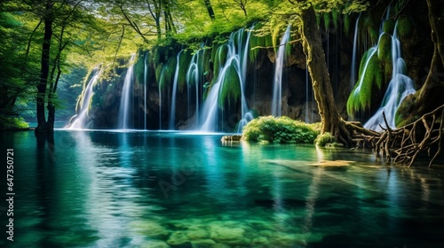 Waterfalls with clear water in Plitvice National Park Croatia