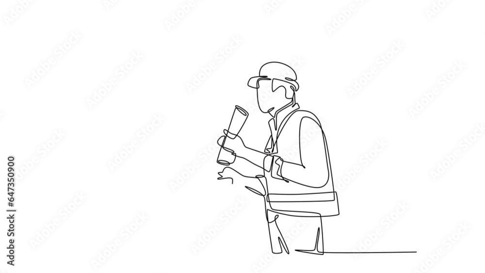 Animated self drawing continuous line draw architect holding on roll paper, builder foreman wearing construction vest, helmet handshake to deal project. Great teamwork. Full length one line animation Animated self drawing continuous line draw architect holding on roll paper, builder foreman wearing construction vest, helmet handshake to deal project. Great teamwork. Full length one line animation