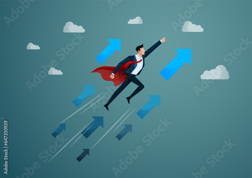 Business leader soared into blue sky accompanied several blue arrows, all under a red cape.
