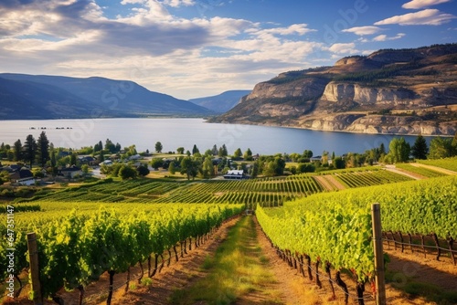 Scenic vineyard in Okanagan Valley with wine grapes, fields, mountains, and desert in British Columbia, Canada. Generative AI