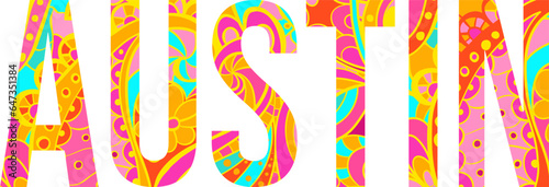 Austin city text filled with creative multicolor doodle pattern