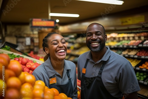 In their shop  grocery store workers share cheerful laughter. 