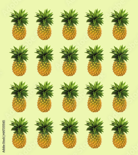 Square yellow background with exotic fruits. Pineapple. Repeating print. Nobody.