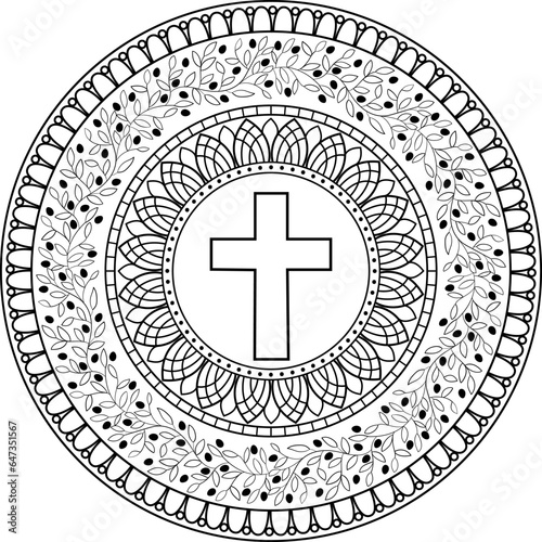 Christian cross linear mandala with round frame